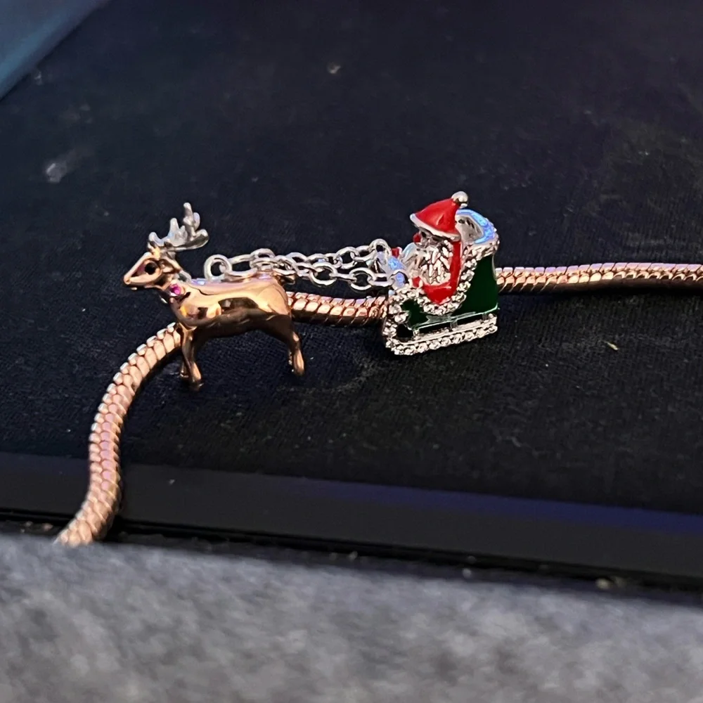 Double Christmas Charm Silver Santa Claus Charm Chained To A Reindeer Charm - Picture 7 of 7